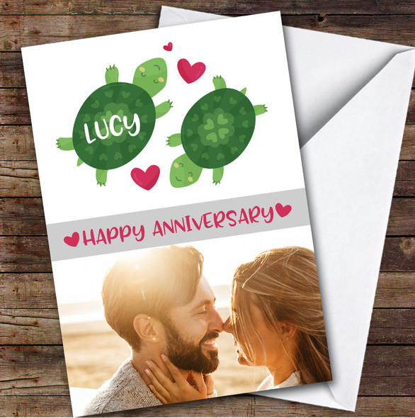 Personalized Cute Turtles Romantic Hearts Photo Happy Anniversary Card