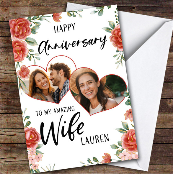 Personalized Anniversary Card For Wife Hearts Floral Photo Card