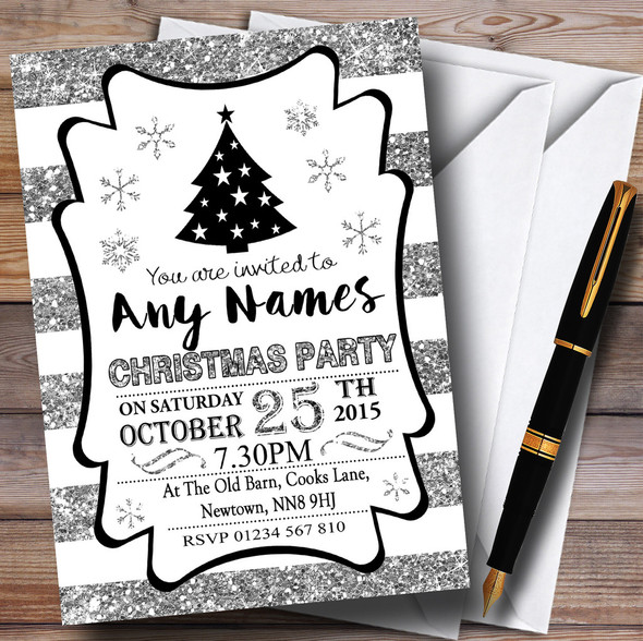 Silver White & Black Striped Personalized Christmas Party Invitations