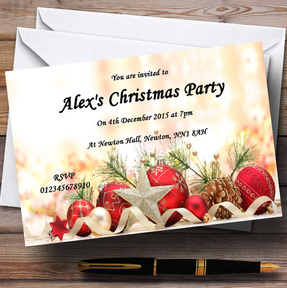 Red Baubles And Pine Cones Personalized Christmas Party Invitations