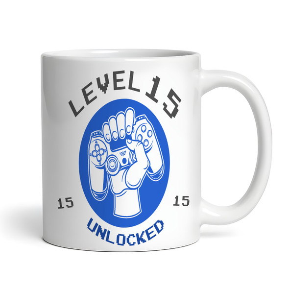 15th Birthday Photo Gift For Teenage Boy Blue Gaming Level Up Personalized Mug