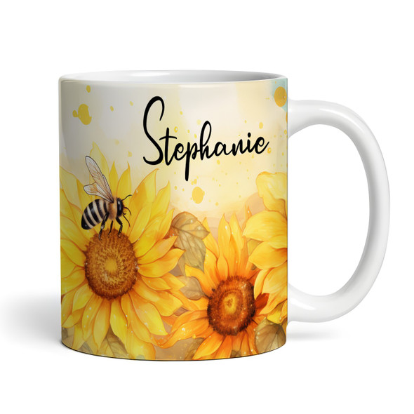 Pretty Yellow Sunflowers & Bees Name Tea Coffee Cup Custom Gift Personalized Mug