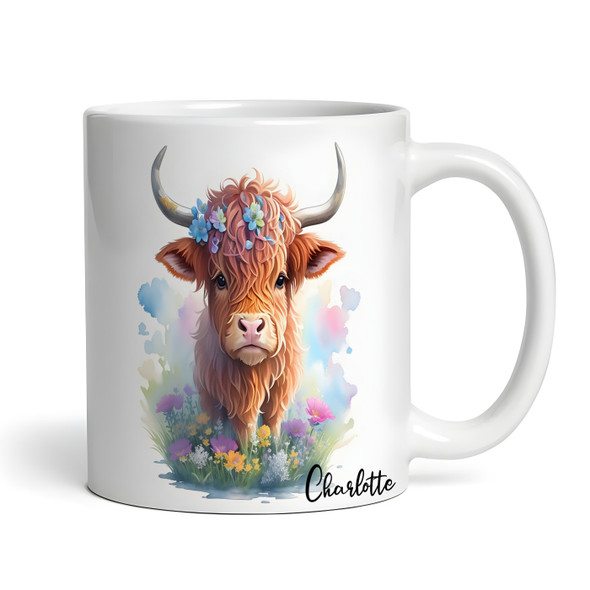 Watercolor Floral Cute Highland Cow Name Tea Coffee Cup Gift Personalized Mug