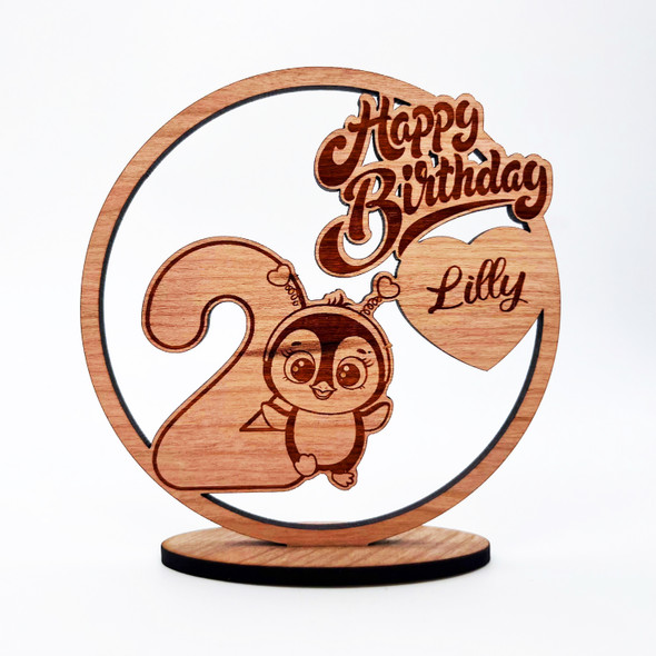 Engraved Wood Kids Penguin 2nd Happy Birthday Heart Keepsake Personalized Gift