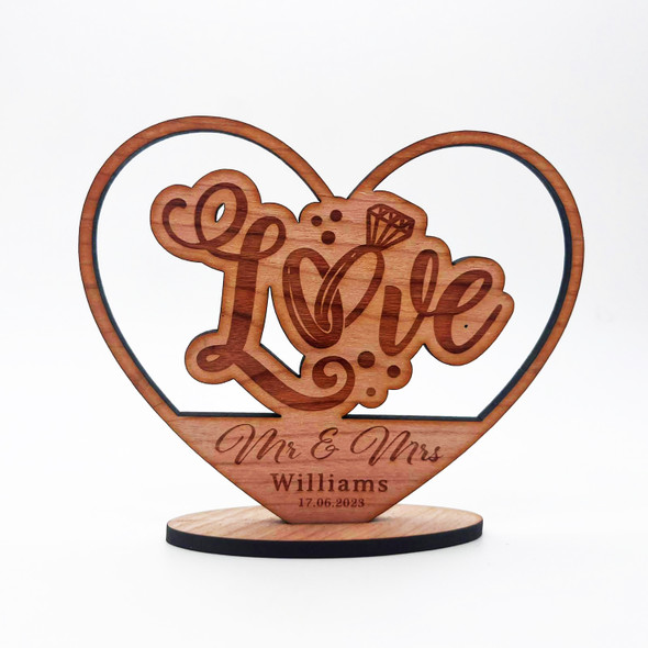 Engraved Wood Love Wedding Day Rings Heart Mr & Mrs Keepsake Personalized Gift