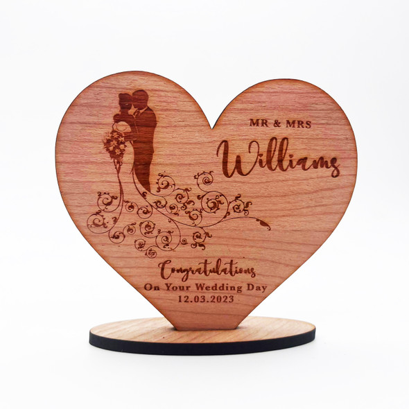 Wood On Your Wedding Day Bride &  Groom Heart Floral Keepsake Personalized Gift