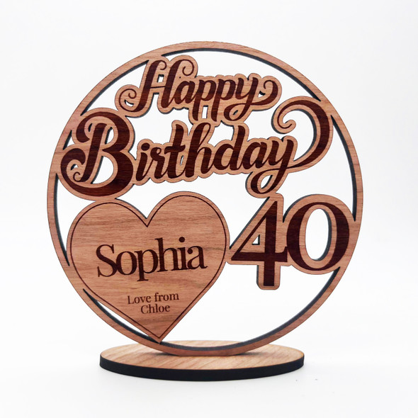Engraved Wood 40th Happy Birthday Milestone Age Heart Keepsake Personalized Gift