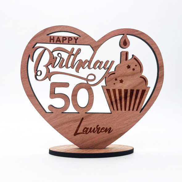Engraved Wood 50th Birthday Cupcake Milestone Age Keepsake Personalized Gift