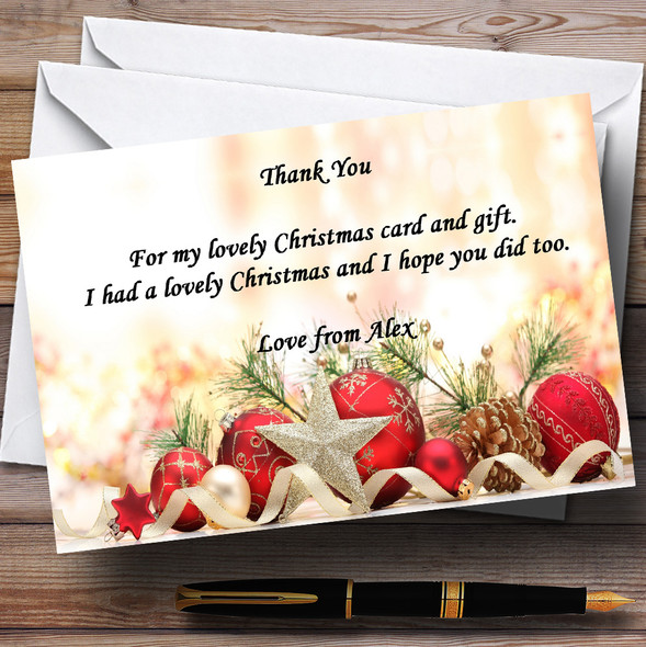 Red Baubles And Pine Cones Personalized Christmas Party Thank You Cards