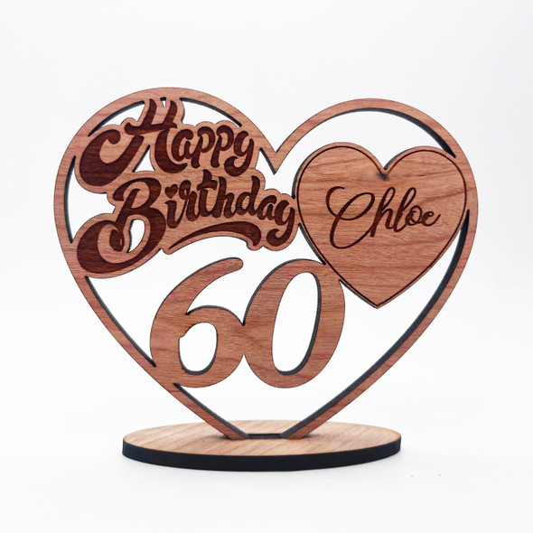 Engraved Wood 60th Happy Birthday Heart Milestone Age Keepsake Personalized Gift
