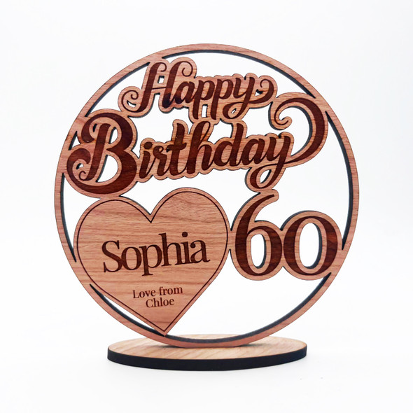 Engraved Wood 60th Happy Birthday Milestone Age Heart Keepsake Personalized Gift