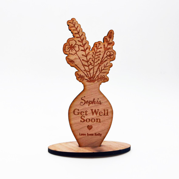 Engraved Wood Get Well Soon Flowers Vase Heart Keepsake Personalized Gift