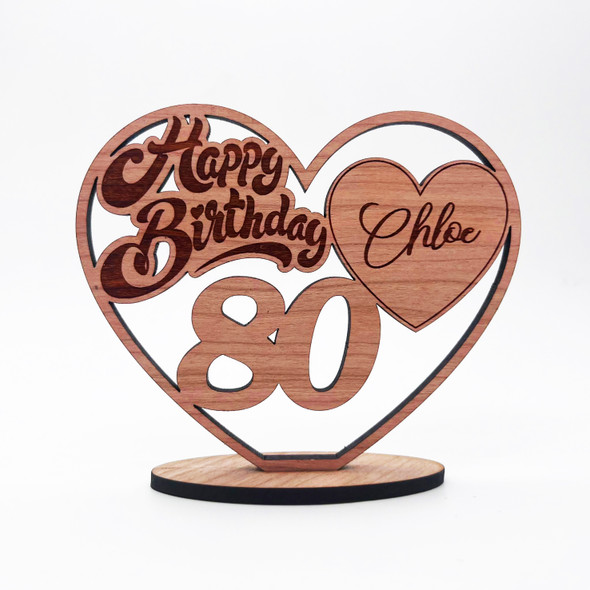Engraved Wood 80th Happy Birthday Heart Milestone Age Keepsake Personalized Gift