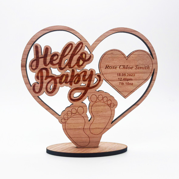 Engraved Wood Hello New Baby Footprints Heart Keepsake Personalized Gift