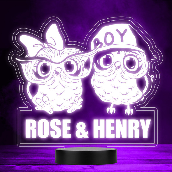 Cute Girl & Boy Owls Kids Twins Siblings LED Lamp Personalized Gift Night Light
