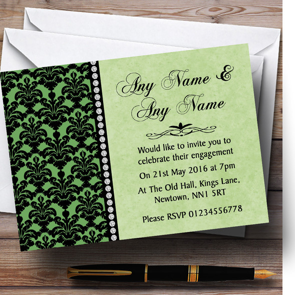 Green Black Damask & Diamond Personalized Engagement Party Invitations