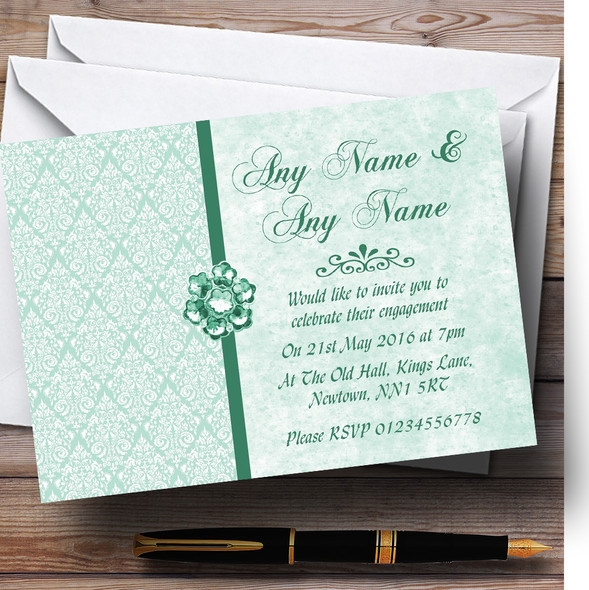 Pale Mint Green Vintage Damask Jewel Personalized Engagement Party Invitations