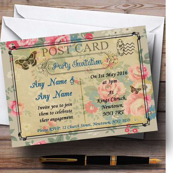 Blue Floral Vintage Paris Shabby Chic Postcard Personalized Engagement Party Invitations