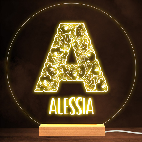 Floral Font letter Initial A Personalized Gift Lamp Night Light