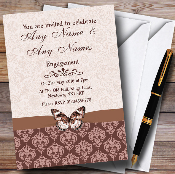 Brown Fawn Beige Vintage Floral Damask Butterfly Personalized Engagement Party Invitations