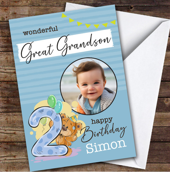 Great Grandson 2nd Blue Teddy Bear Photo Boys Custom Personalized Birthday Card