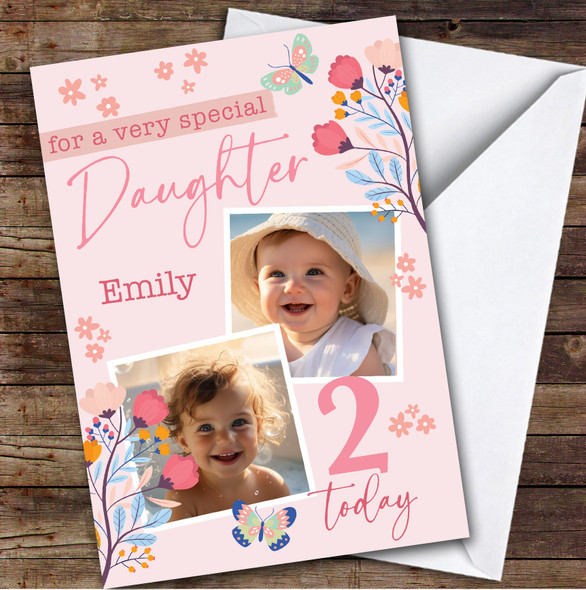 Daughter 2nd Pink Floral Photo Custom Personalized Birthday Card