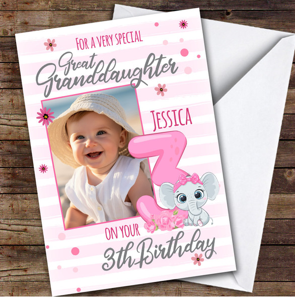 Great Granddaughter 3rd Pink Floral Elephant Photo Personalized Birthday Card