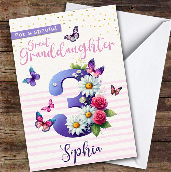 3rd Great Granddaughter Purple Floral Butterflies Personalized Birthday Card