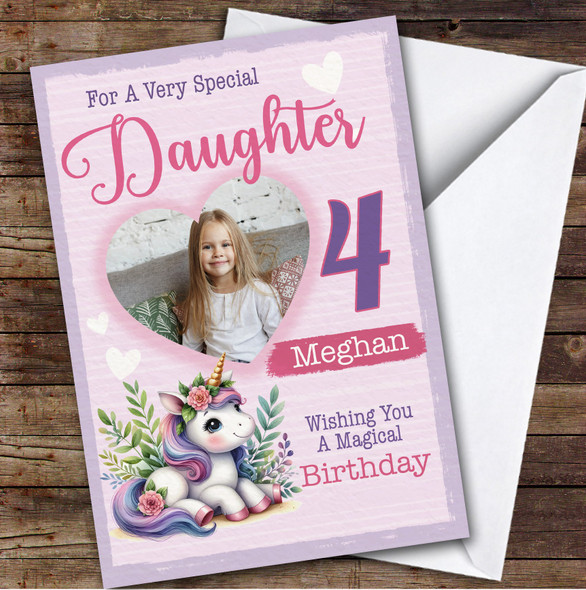 4th Daughter Sister Floral Unicorn Heart Photo Custom Personalized Birthday Card