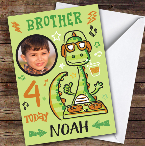 Dinosaur DJ Green Photo Brother 4th Boys Custom Personalized Birthday Card