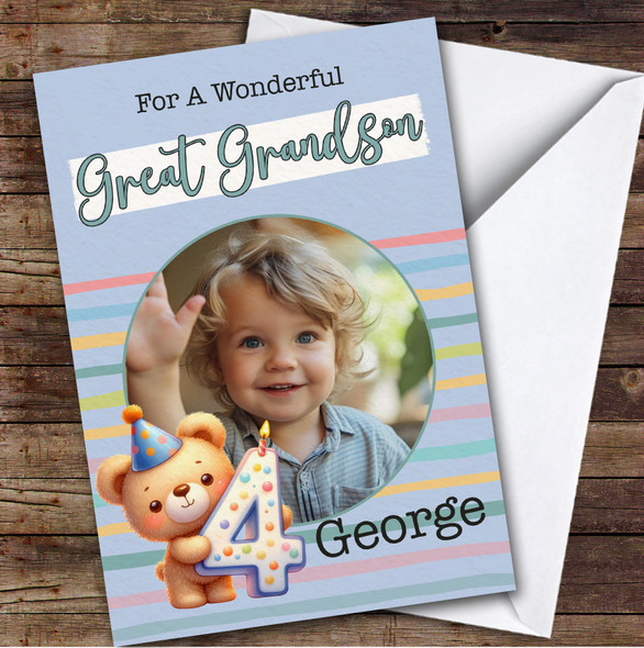 Great Grandson 4th Teddy Bear Photo Boys Custom Personalized Birthday Card