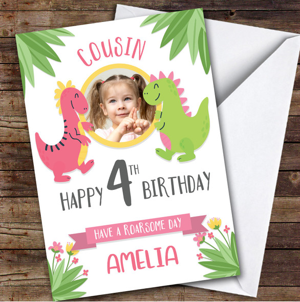 Dinosaur Pink Photo Cousin 4th Custom Personalized Birthday Card