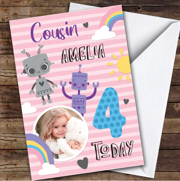 Robot Rainbow Photo Cousin 4th Custom Personalized Birthday Card