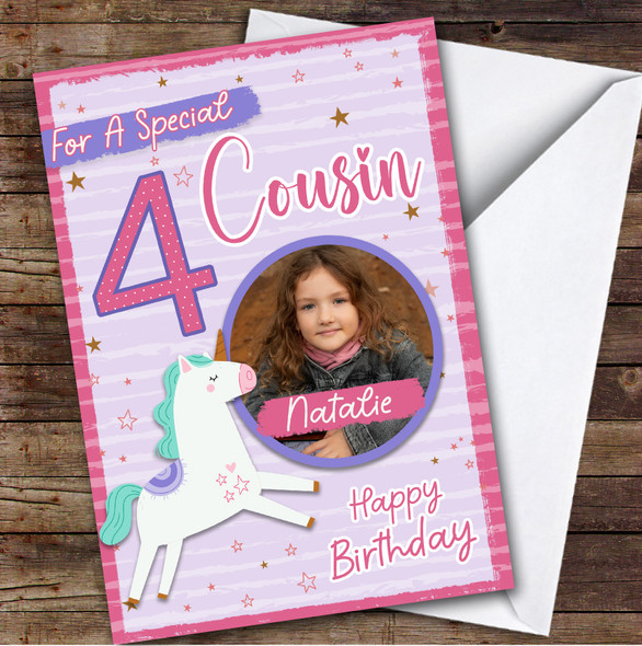 Cousin 4th Pink Unicorn Photo Custom Personalized Birthday Card