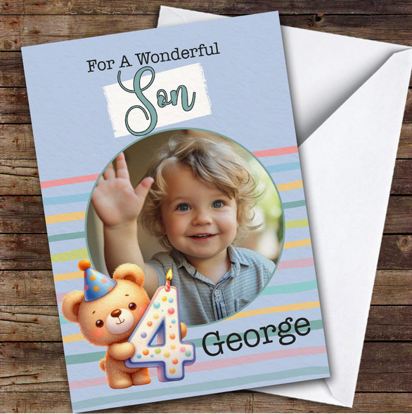 Son 4th Teddy Bear Photo Boys Custom Personalized Birthday Card