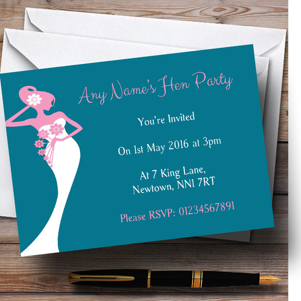 Pink Turquoise Bride Personalized Hen Party Invitations