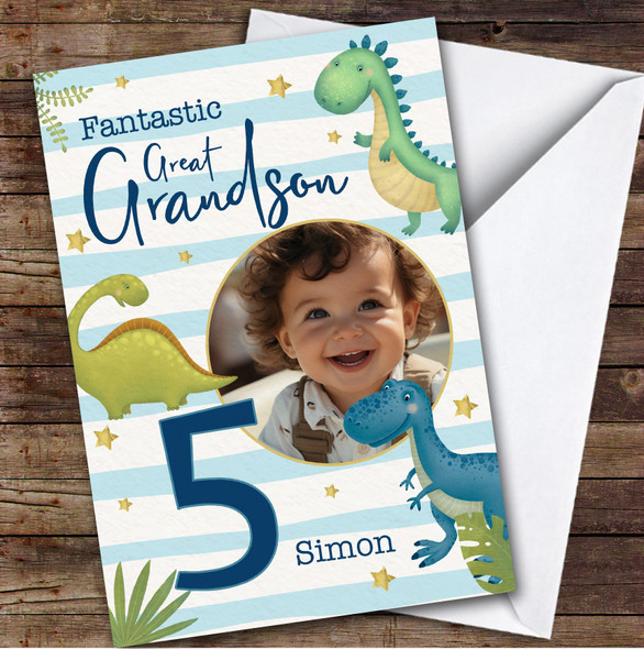 Great Grandson 5th Dinosaurs Photo Boys Custom Personalized Birthday Card