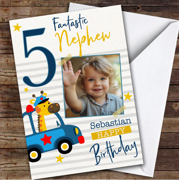 Nephew 5th Animal Police Car Photo Boys Custom Personalized Birthday Card