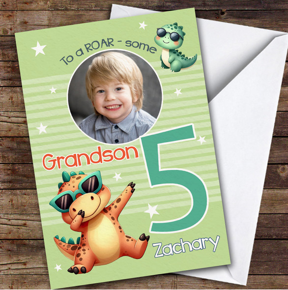 Grandson 5th Cool Dinosaur Photo Boys Custom Personalized Birthday Card