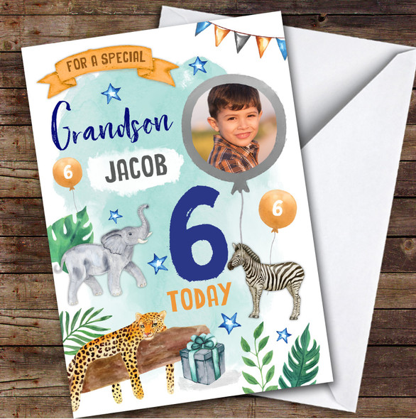 Animal Jungle Wild Photo Grandson 6th Boys Custom Personalized Birthday Card