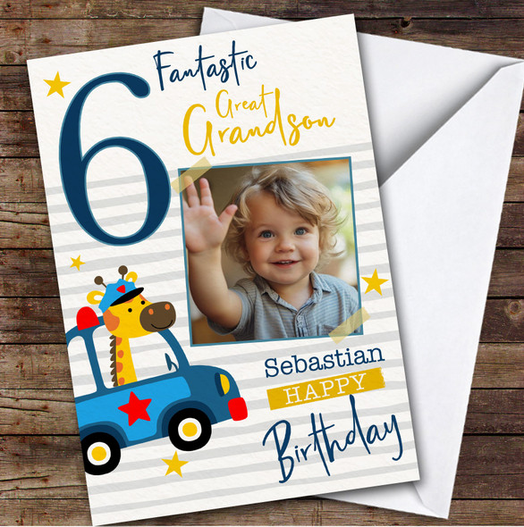 Great Grandson 6th Animal Police Car Photo Boys Personalized Birthday Card