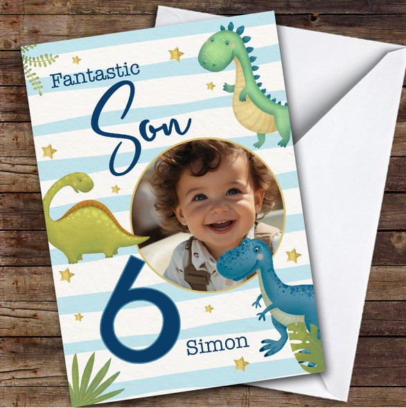 Son 6th Watercolour Dinosaurs Photo Boys Custom Personalized Birthday Card