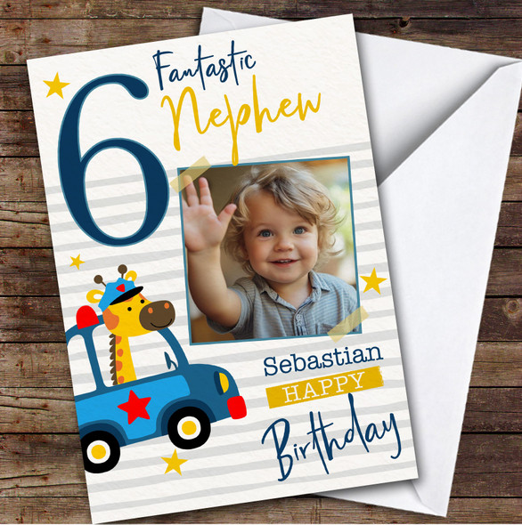 Nephew 6th Animal Police Car Photo Boys Custom Personalized Birthday Card