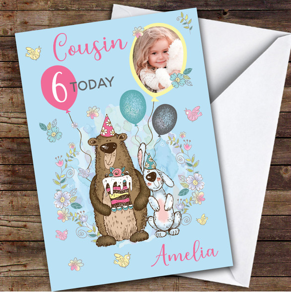 Bear Animal Cake Blue Photo Cousin 6th Custom Personalized Birthday Card