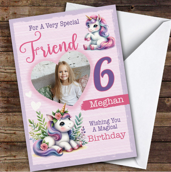 6th Friend Floral Unicorn Heart Photo Custom Personalized Birthday Card