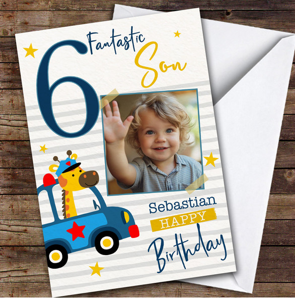 Son 6th Animal Police Car Photo Boys Custom Personalized Birthday Card