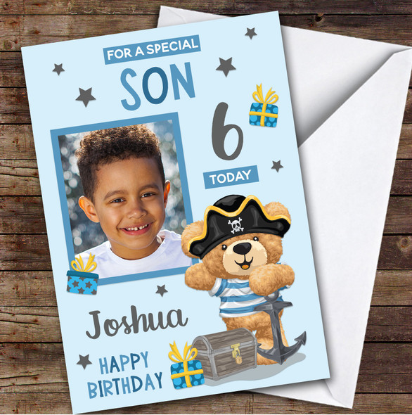 Pirate Bear Blue Photo Son 6th Boys Custom Personalized Birthday Card