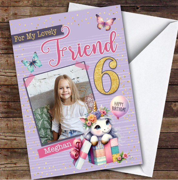 6th Friend Purple Unicorn Photo Custom Personalized Birthday Card