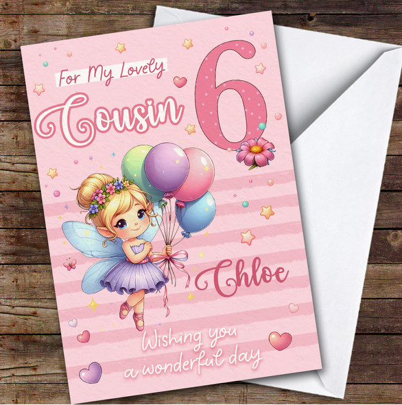 Cousin 6th Pink Floral Fairy Custom Personalized Birthday Card