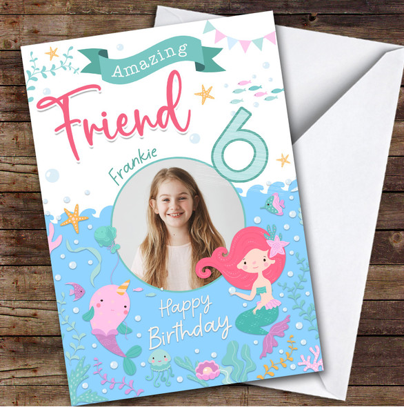 6th Friend Mermaid Photo Custom Personalized Birthday Card